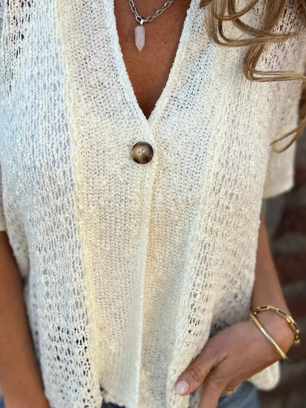 Full Size One Button Openwork Cardigan Plus (12)