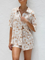 Printed Button Down Short Sleeve Top Shorts Set (17)