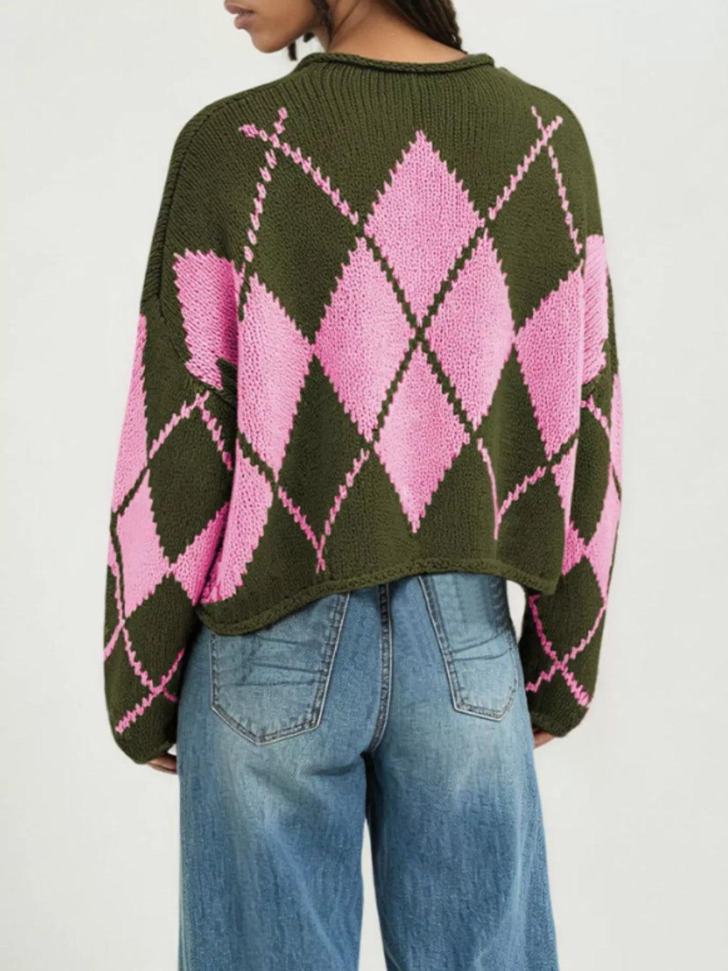 Argyle Pattern Knit Dropped Shoulder Sweater (4)