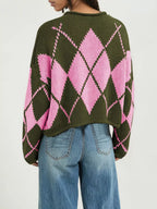 Argyle Pattern Knit Dropped Shoulder Sweater (4)