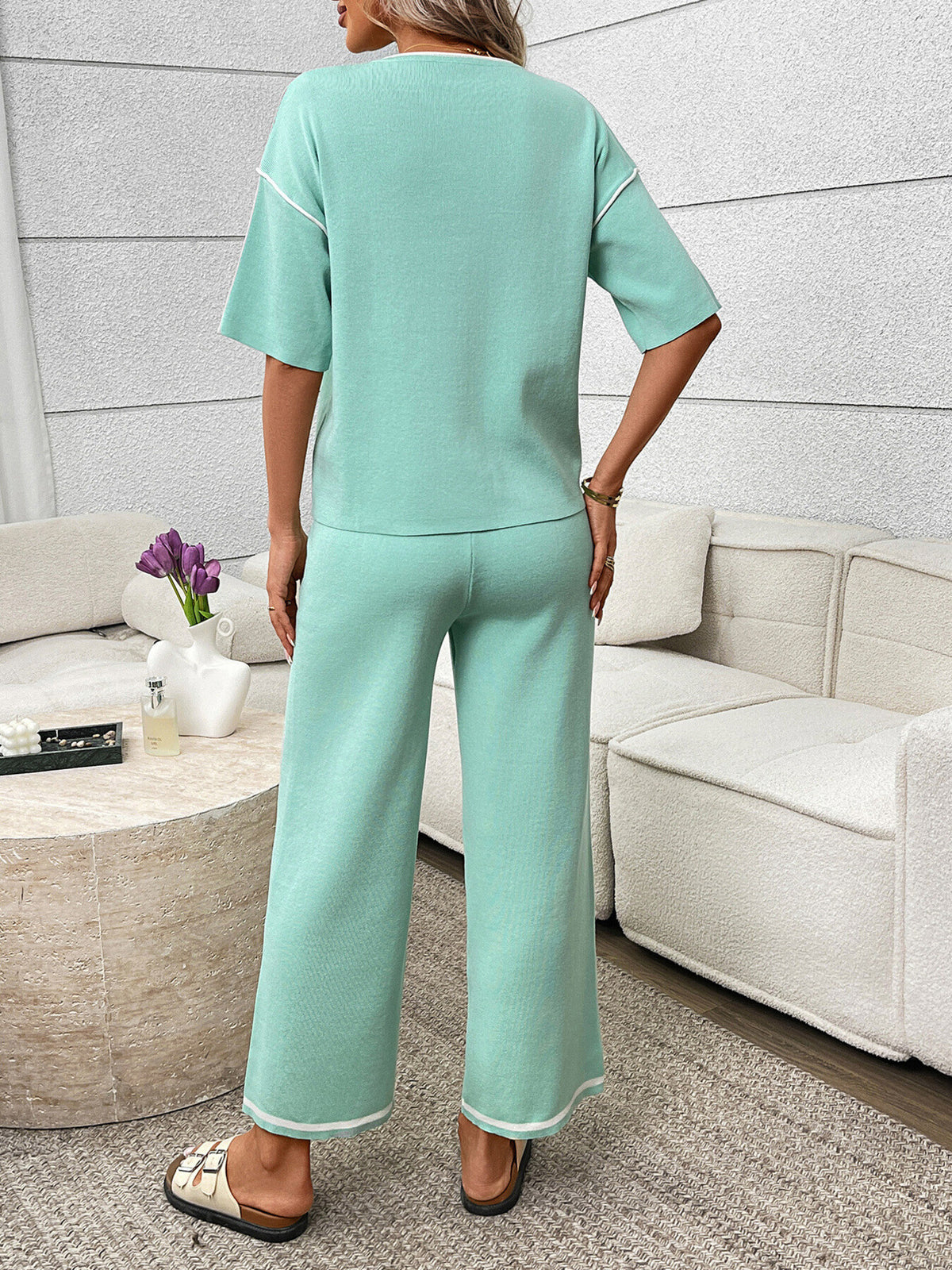 Round Neck Half Sleeve Top Pants Set (6)