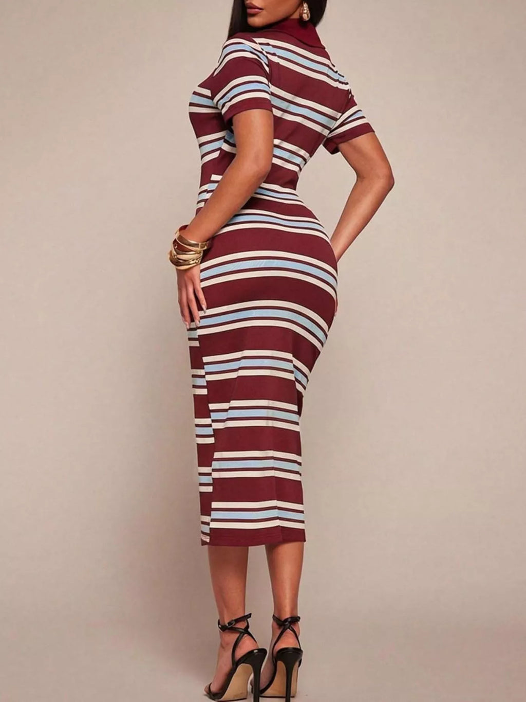 Striped Polo Collar Midi Dress (20)