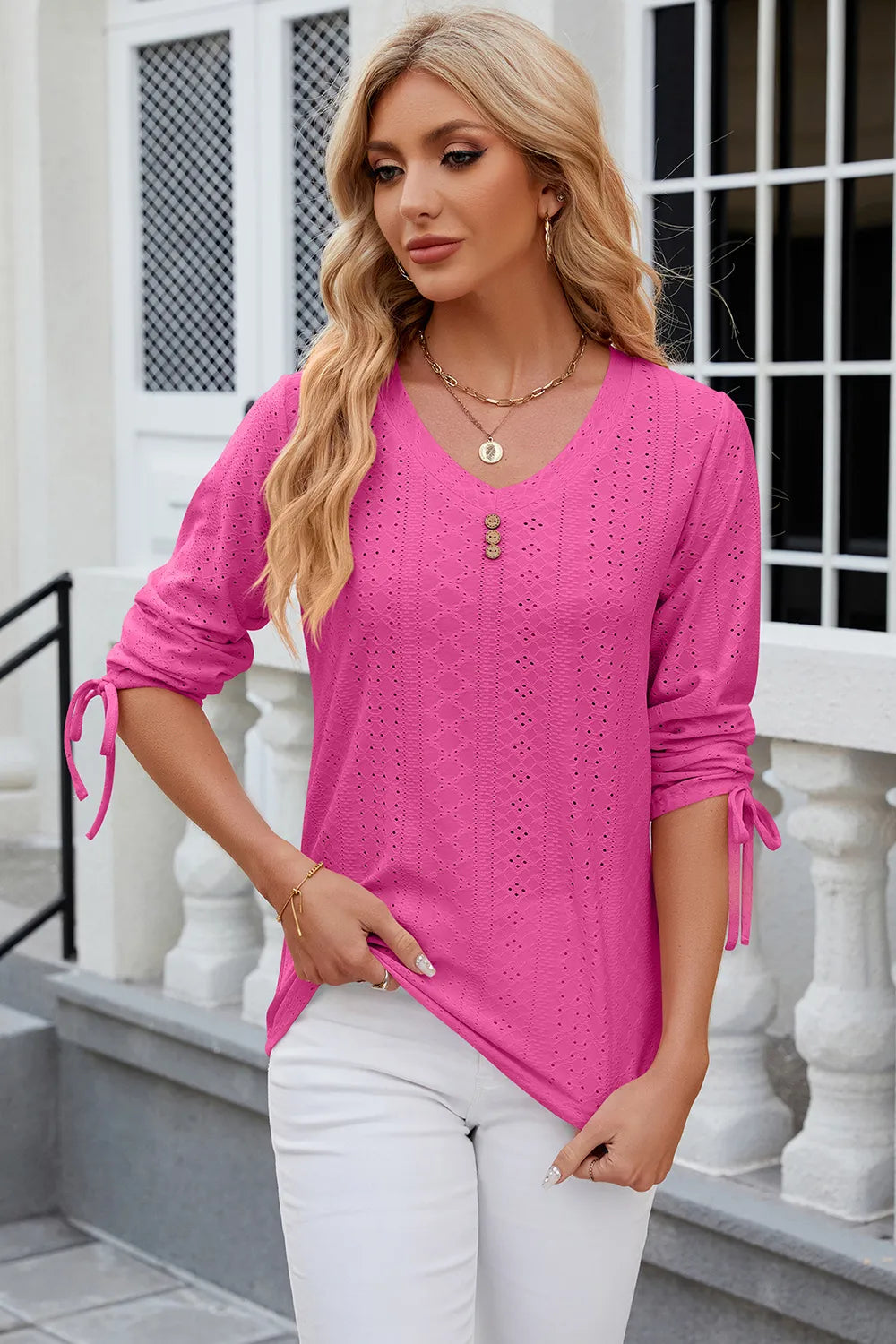 Eyelet Drawstring V-neck Half Sleeve T-shirt (18)