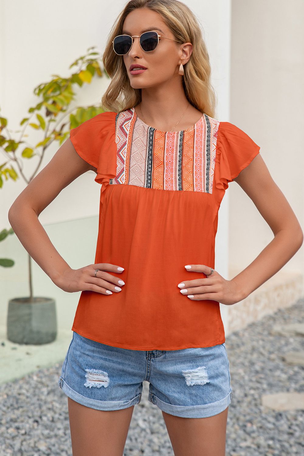 Contrast Print Butterfly Sleeve Top (6)