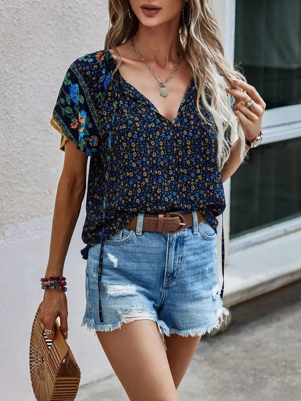 Printed Tie Neck Short Sleeve Blouse (5)
