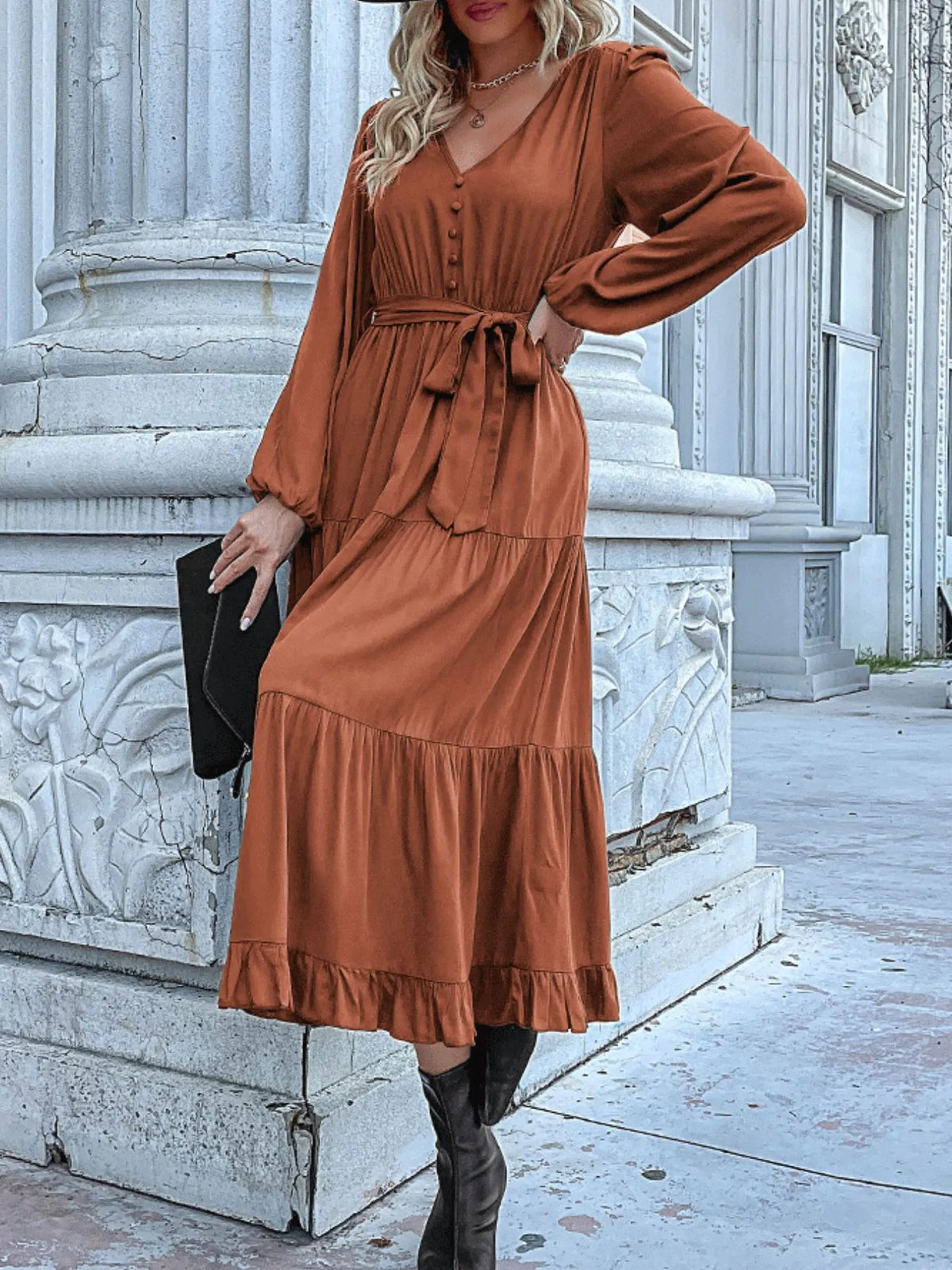 Ruffled Hem V-neck Balloon Sleeve Dress (22)