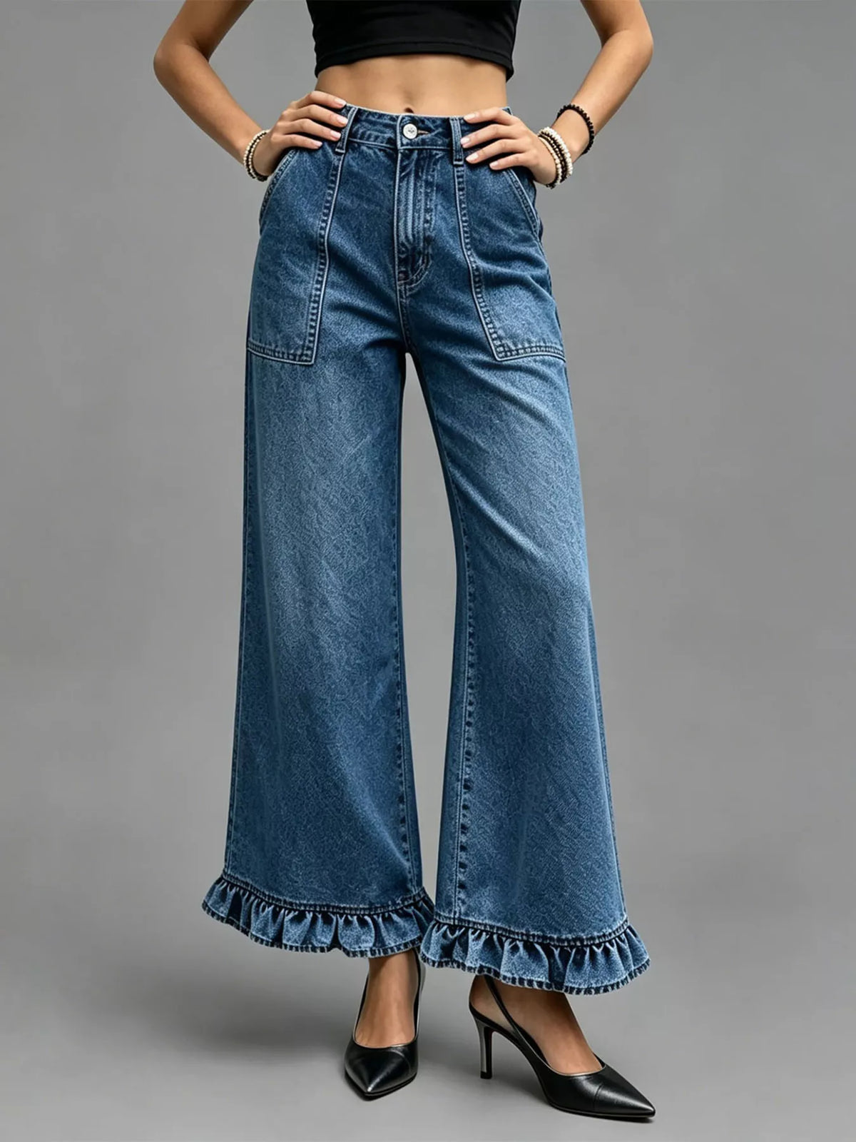 High-waisted Wide-leg Ruffle Hem Jeans (4)