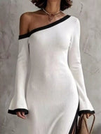 Slit One-shoulder Contrast Trim Maxi Dress (2)