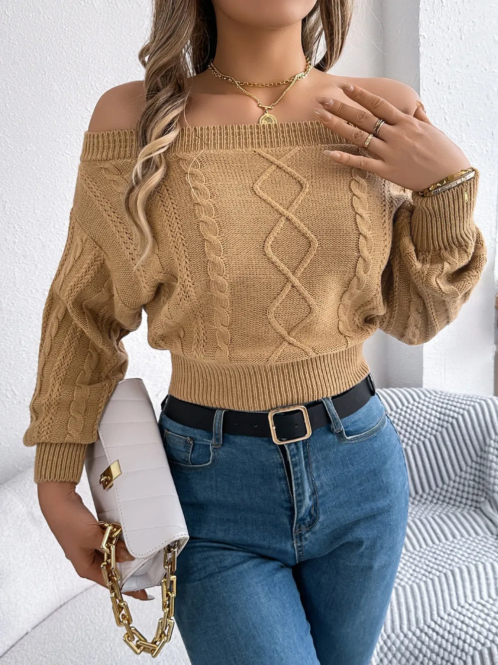 Cable Knit Off-shoulder Long Sleeve Sweater (5)