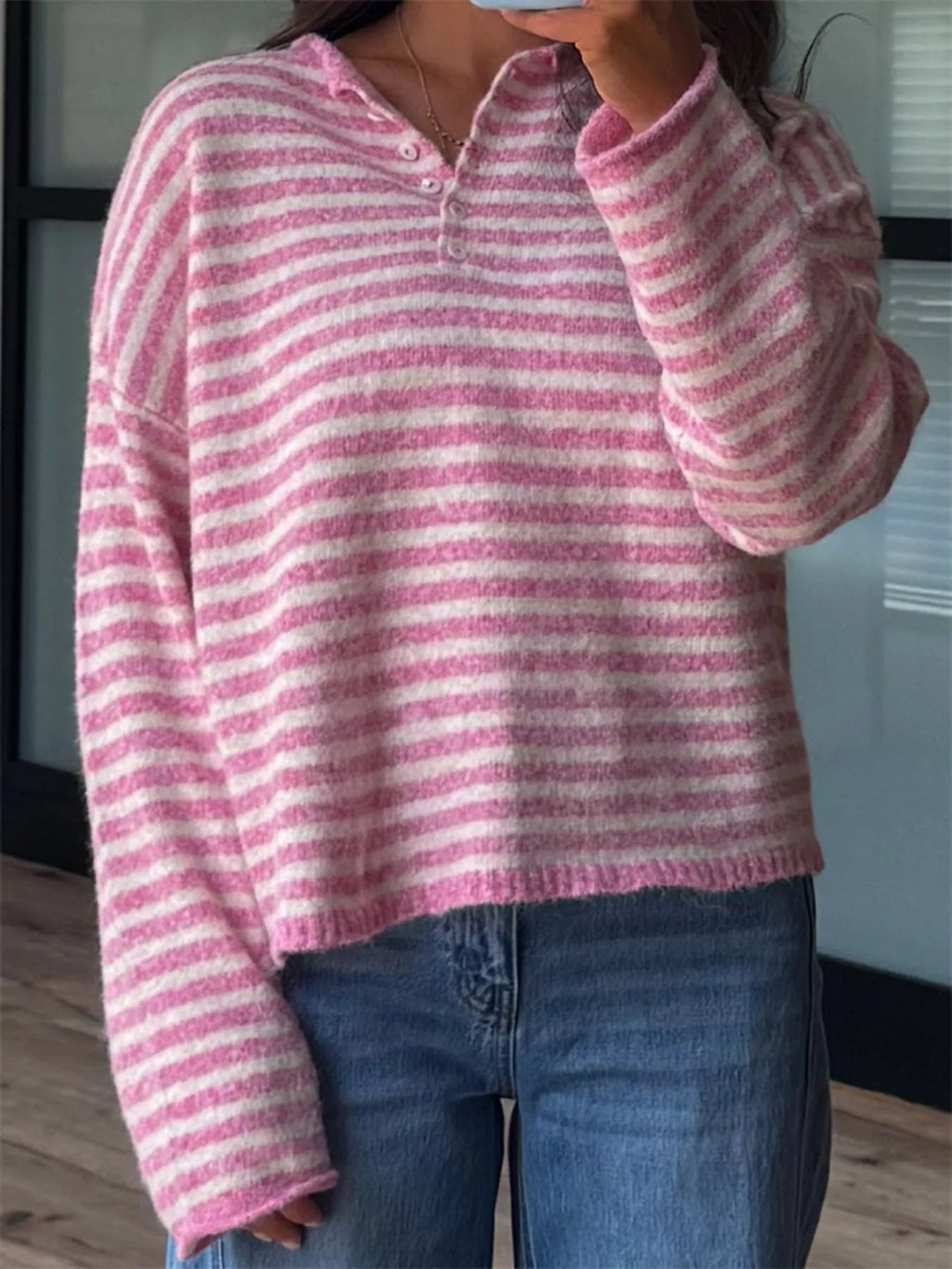 Button Detail Dropped Shoulder Striped Sweater (6)