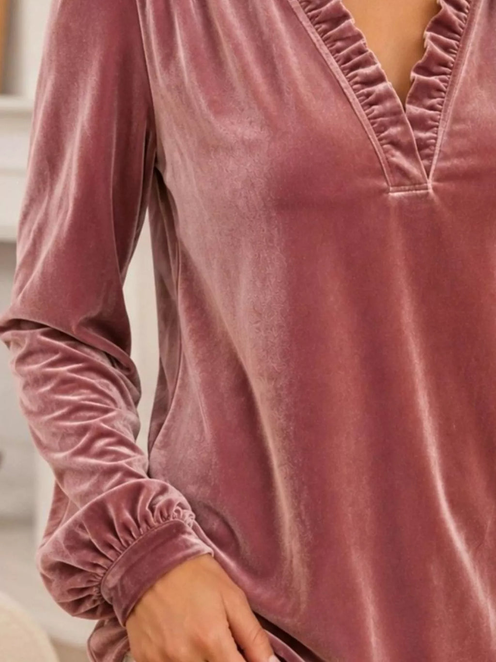 V-neck Ruffle Trim Velvet Blouse (6)