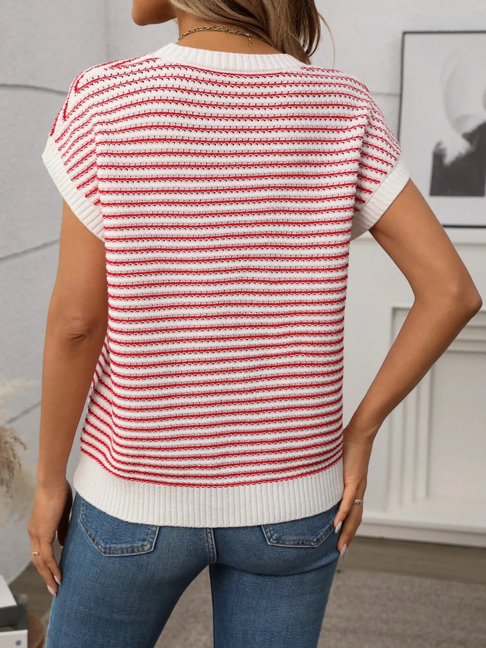 Striped Round Neck Short Sleeve Knit Top (14)
