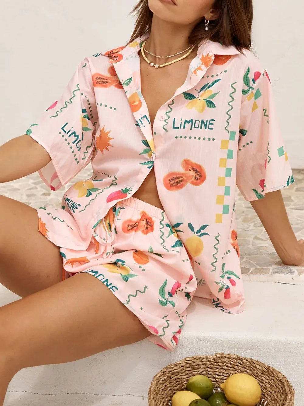 Printed Button Down Shirt Shorts Set (2)