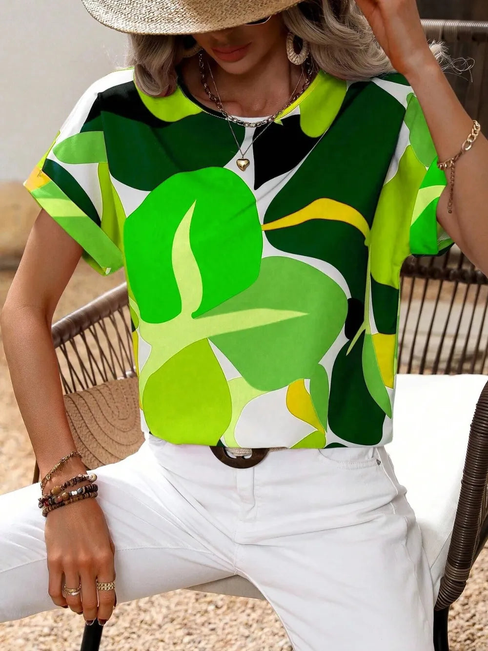 Contrast Round Neck Short Sleeve Blouse (9)