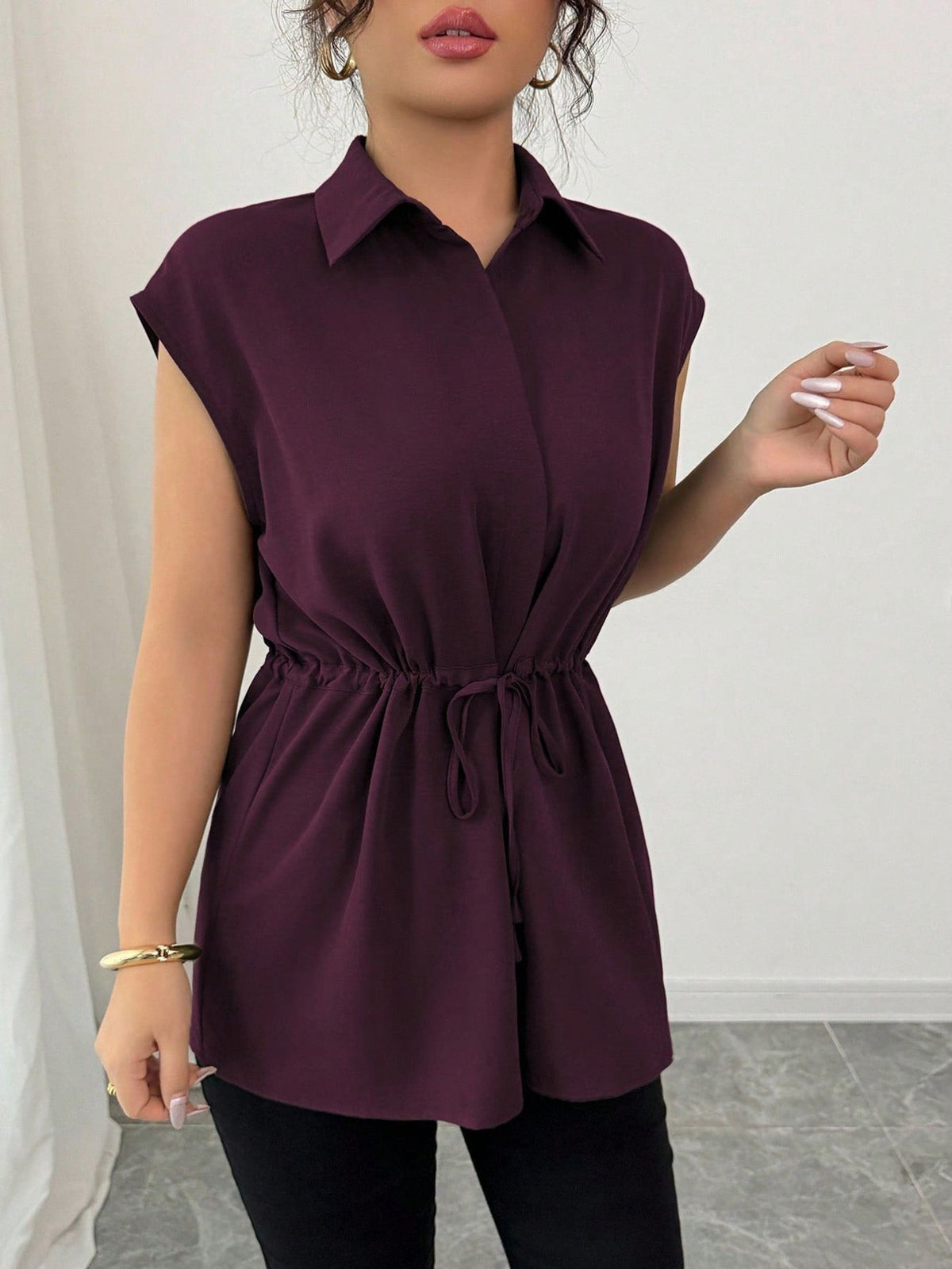 Drawstring Waist Cap Sleeve Shirt (16)