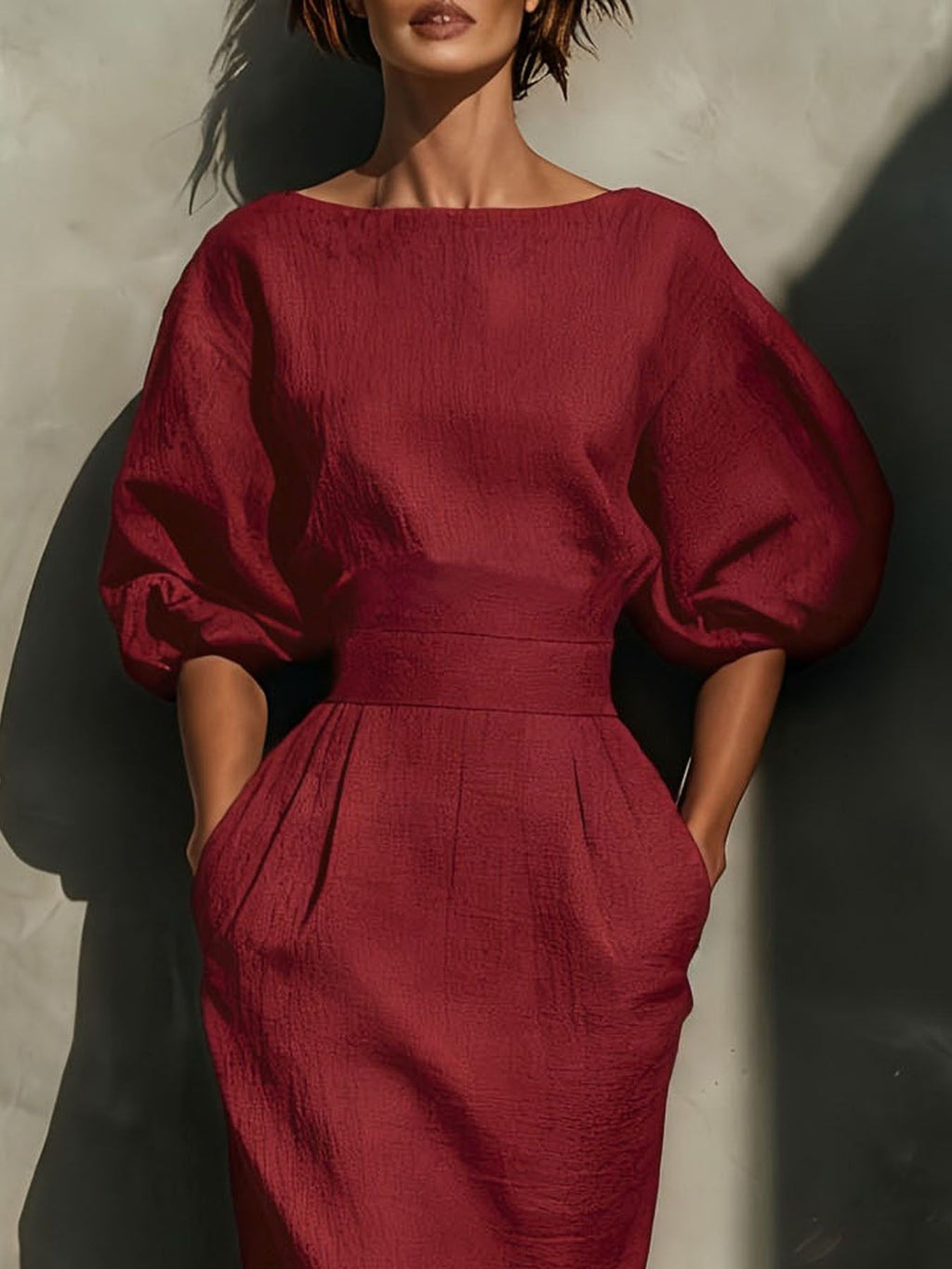 Round Neck Puff Sleeves Midi Dress (6)