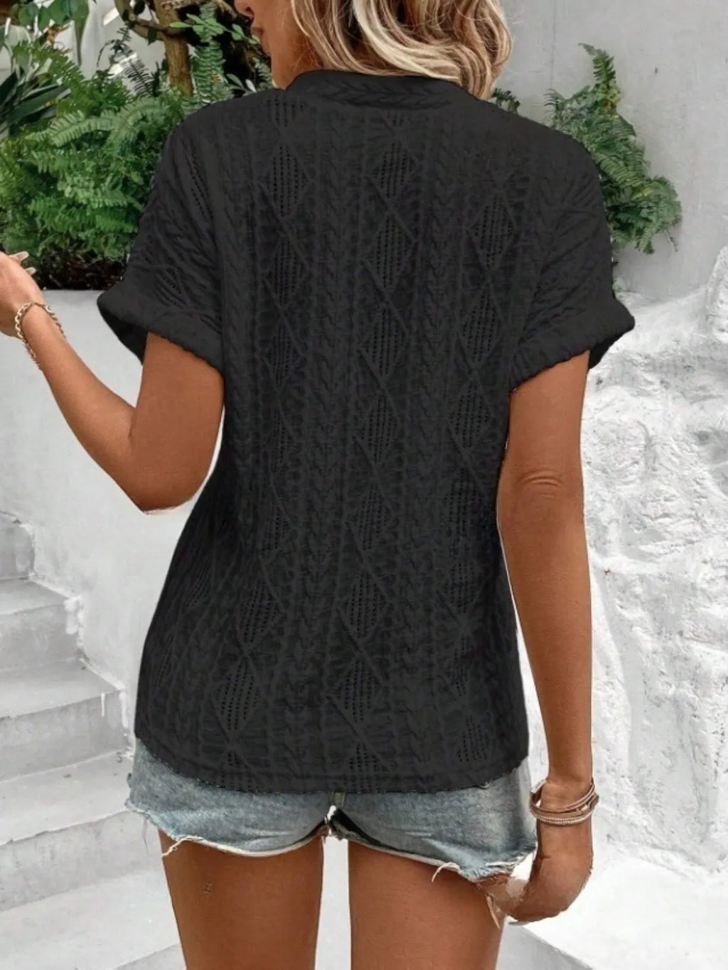 Openwork Notched Short Sleeve Blouse (15)