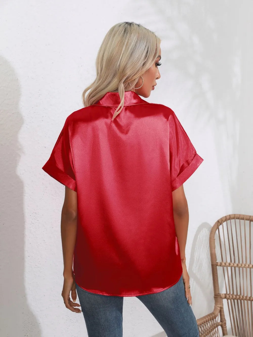 Button Down Collared Neck Short Sleeve Satin Shirt (33)