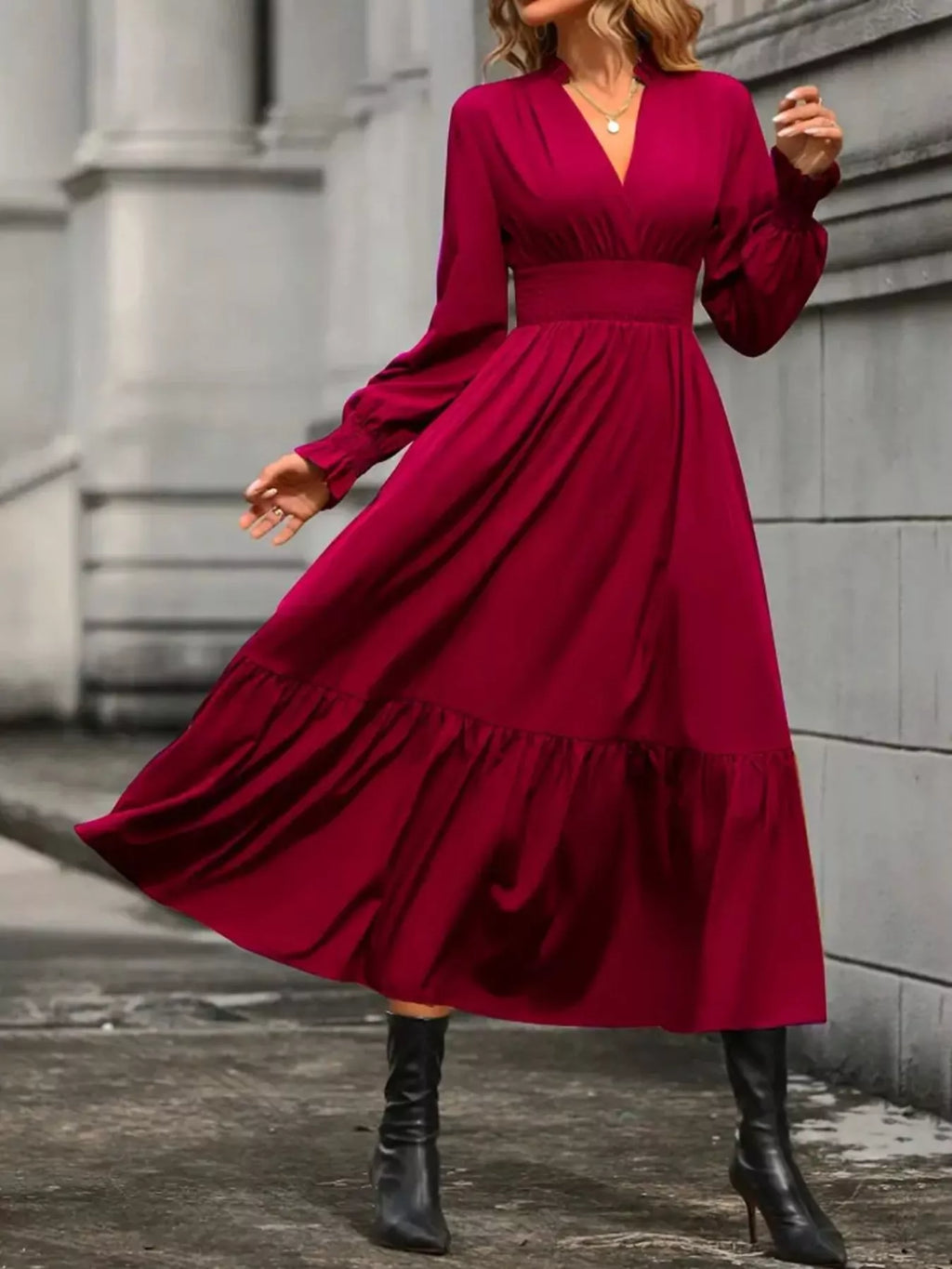 Surplice Long Sleeve Tiered Midi Dress (2)