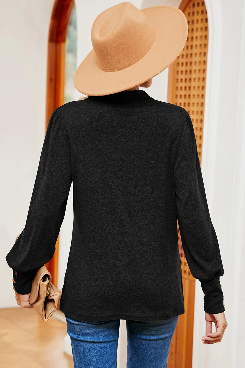 Decorative Button Johnny Collar Lantern Sleeve Blouse (6)