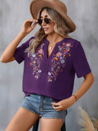 Embroidered Notched Short Sleeve T-shirt (15)