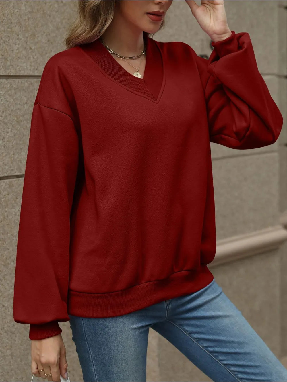 V-neck Long Sleeve Dropped Shoulder Sweatshirt (21)