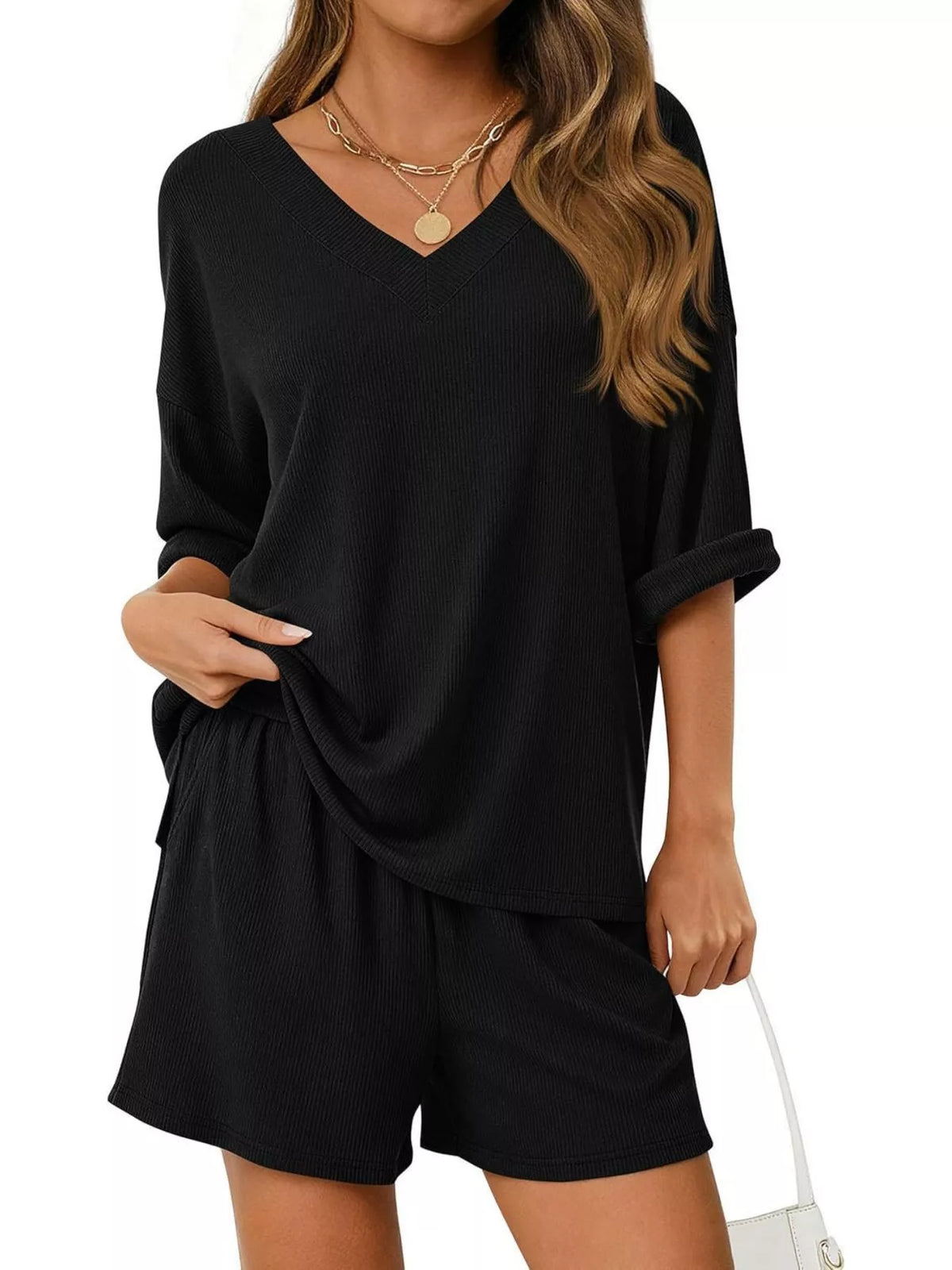 Casual Solid Color V-neck Top Shorts Set (23)