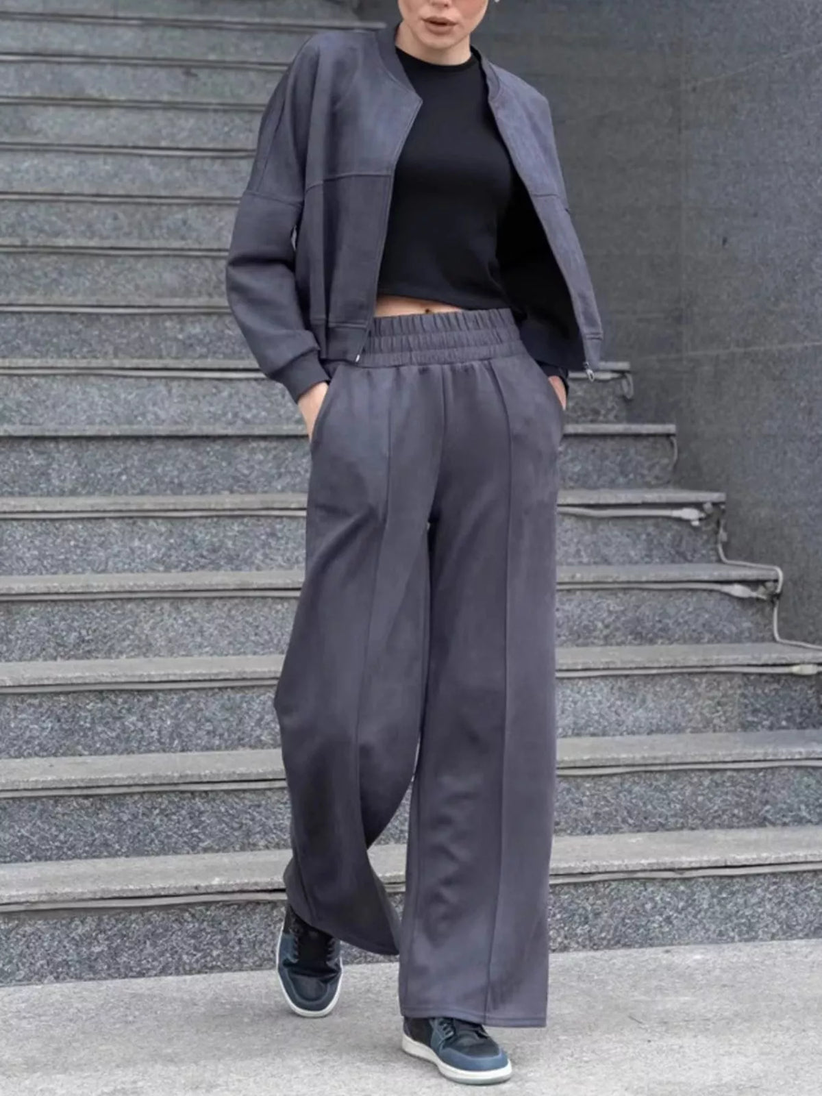 Zip Up Sweatshirt Wide-leg Pants Set (28)