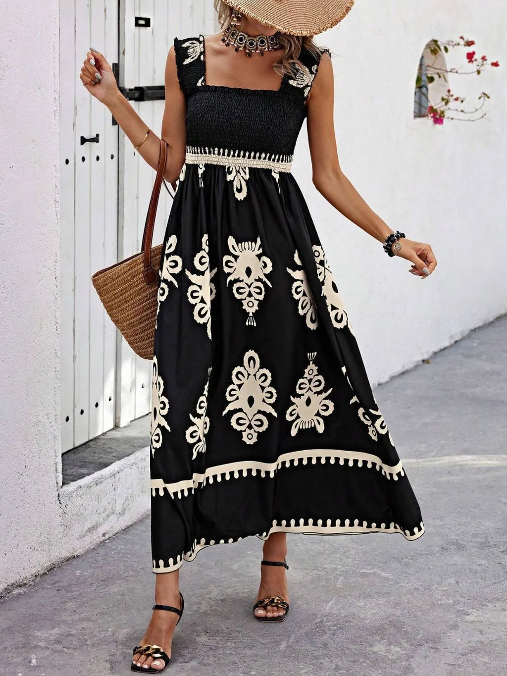 Smocked Printed Wide Strap Maxi Dress (2)