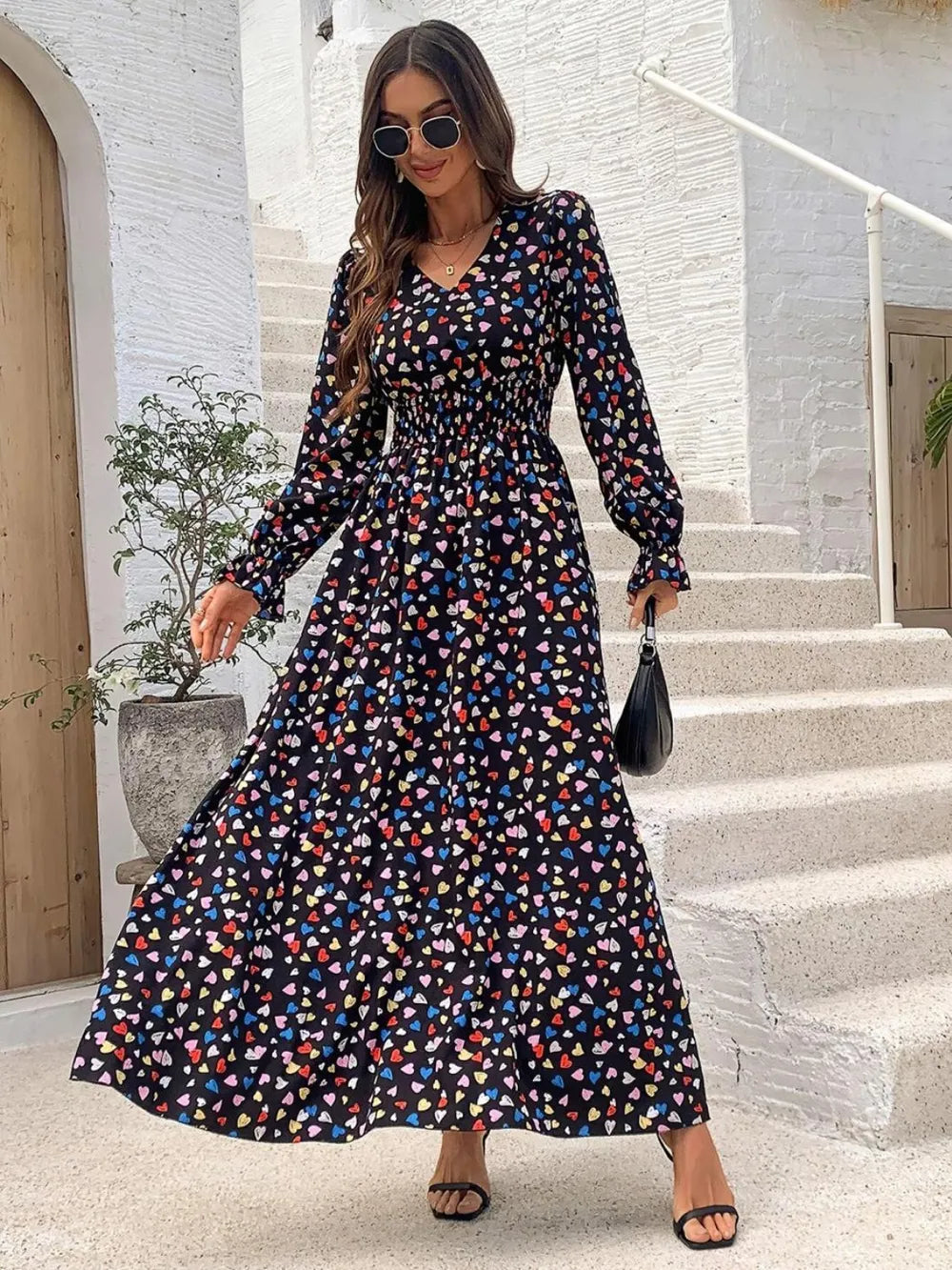 Smocked Printed V-neck Flounce Sleeve Dress (9)