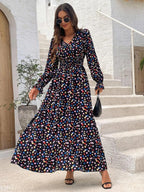 Smocked Printed V-neck Flounce Sleeve Dress (9)