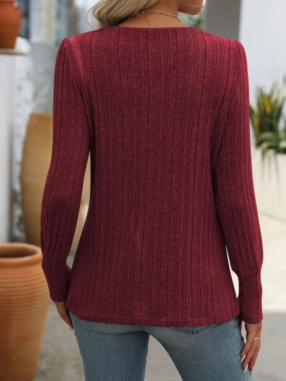 Decorative Button Striped Square Neck Long Sleeve T-shirt (6)