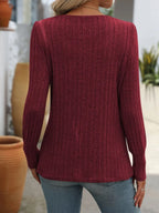 Decorative Button Striped Square Neck Long Sleeve T-shirt (6)