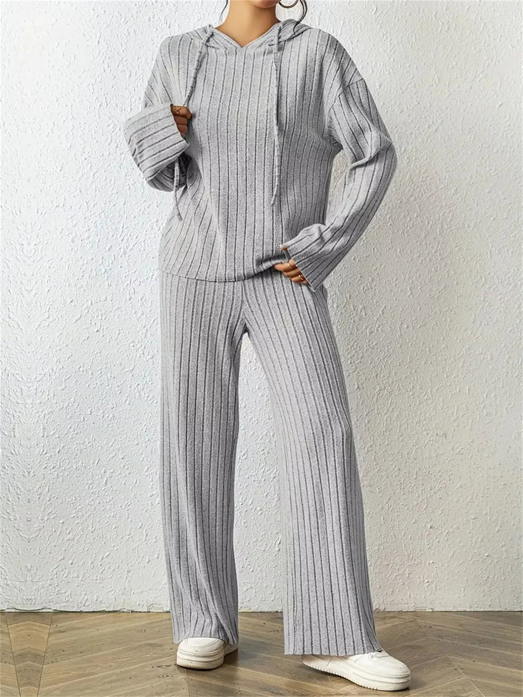 Ribbed Drawstring Hoodie Pants Set (4)