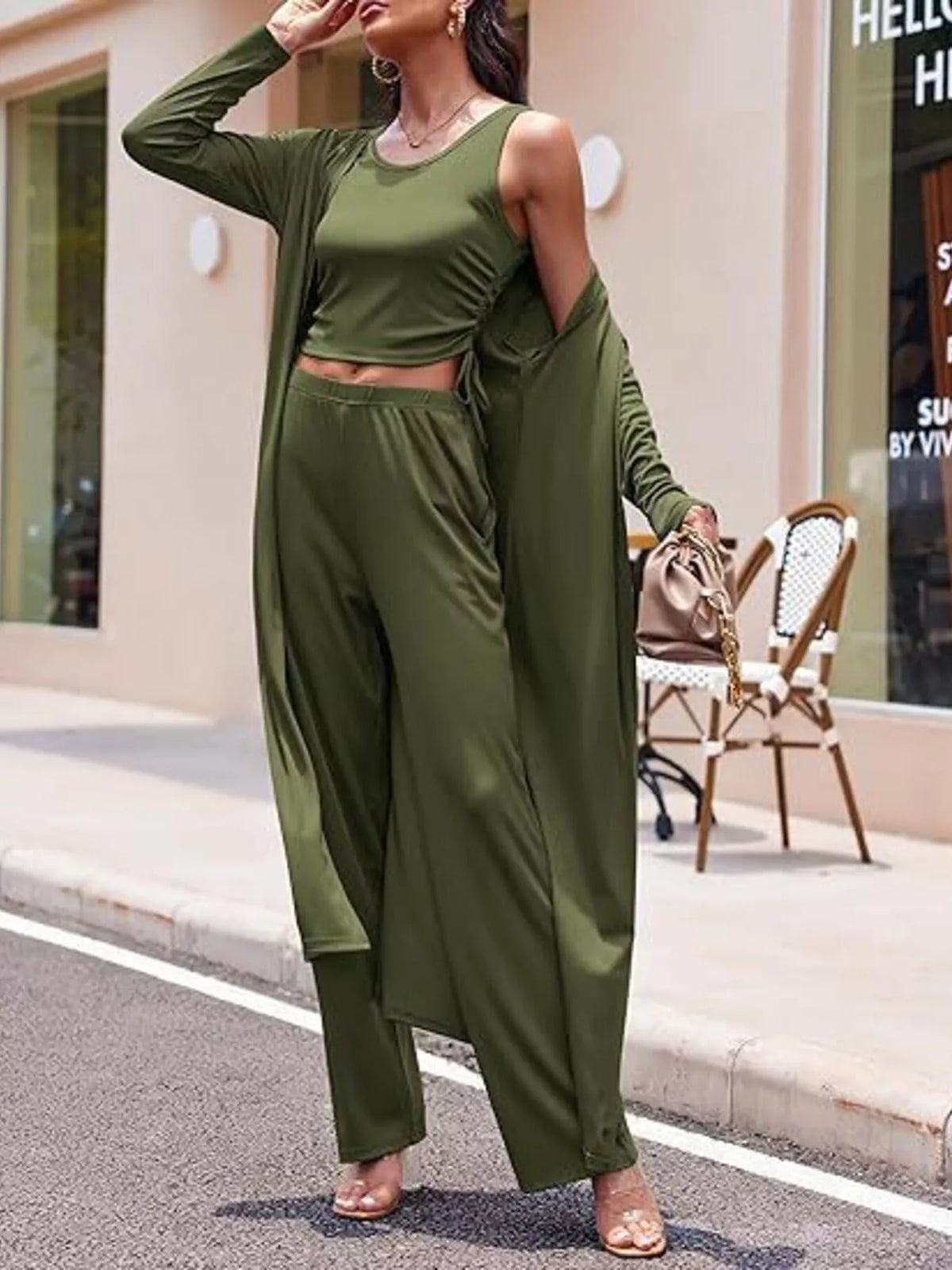 Round Neck Tank Cardigan Pants Set (9)