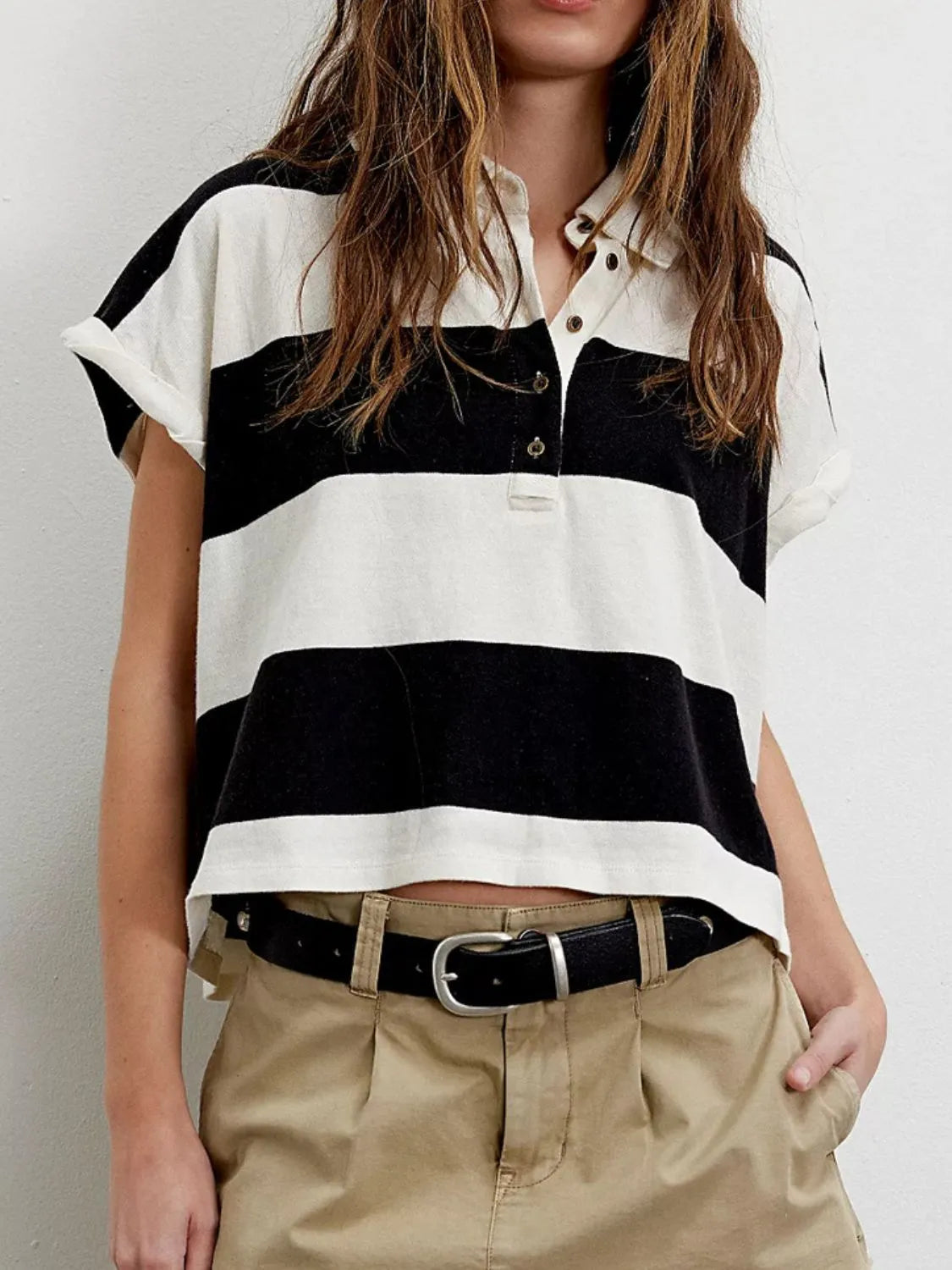 Striped Collared Neck Short Sleeve Top (4)