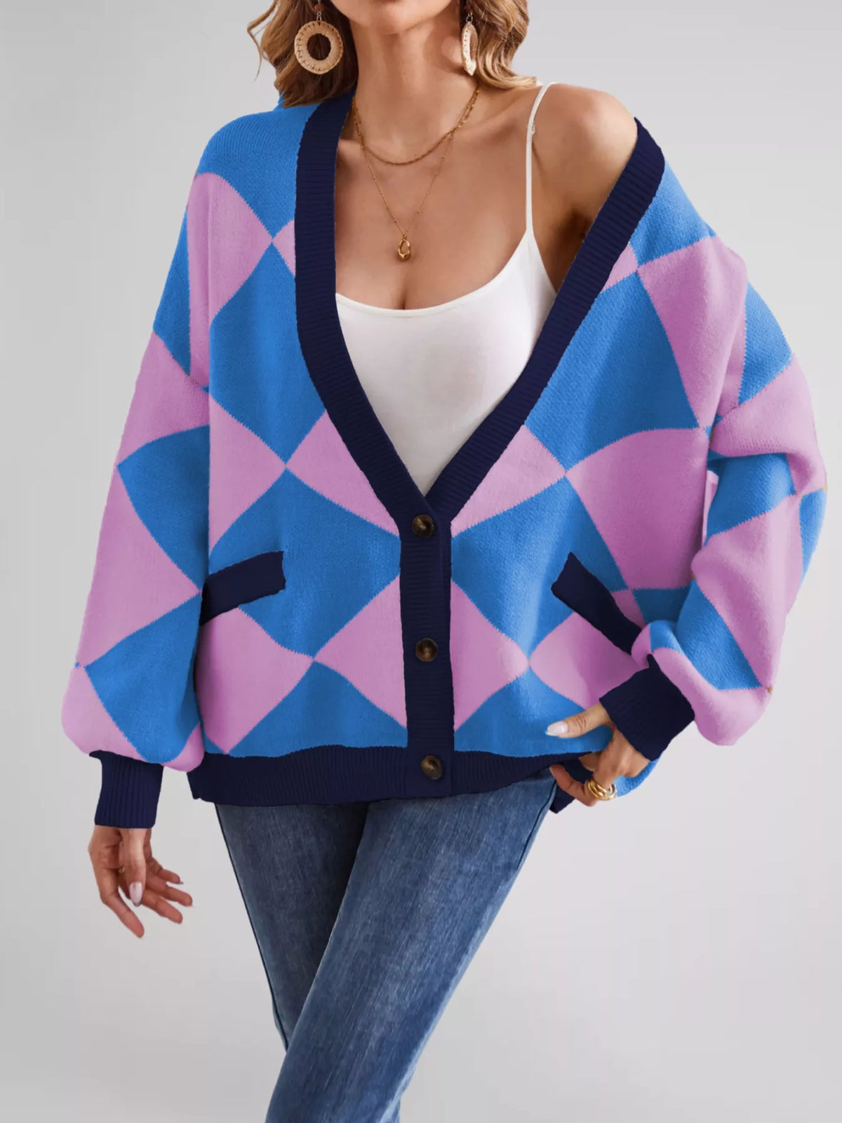 Diamond Pattern Button-up Knit Cardigan (11)