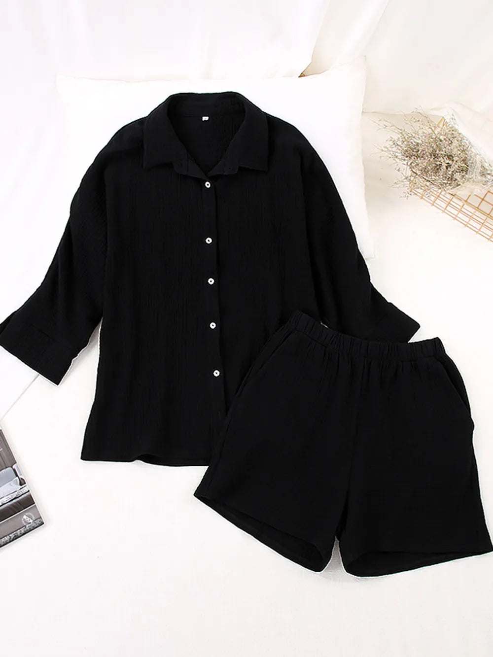 Texture Button Up Shirt Shorts Set (11)