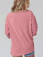Round Neck Striped Long Sleeve Slit T-shirt (7)
