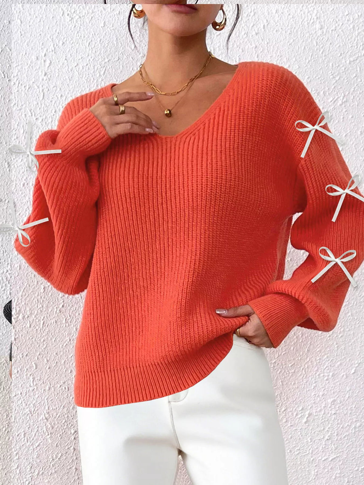 Bow-tie Sleeve V-neck Sweater (14)