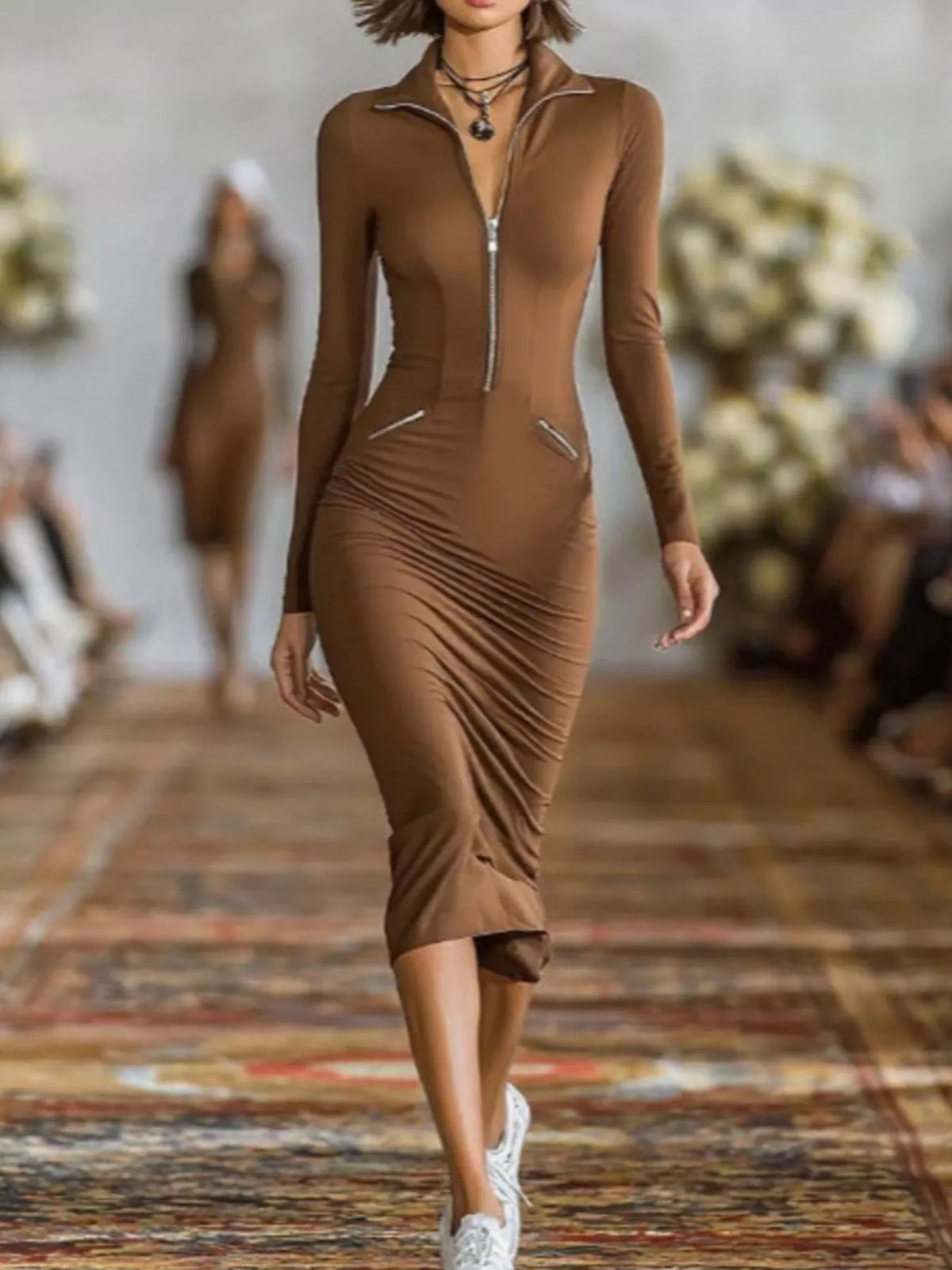 Full Size Zip-front Bodycon Midi Dress Plus (10)