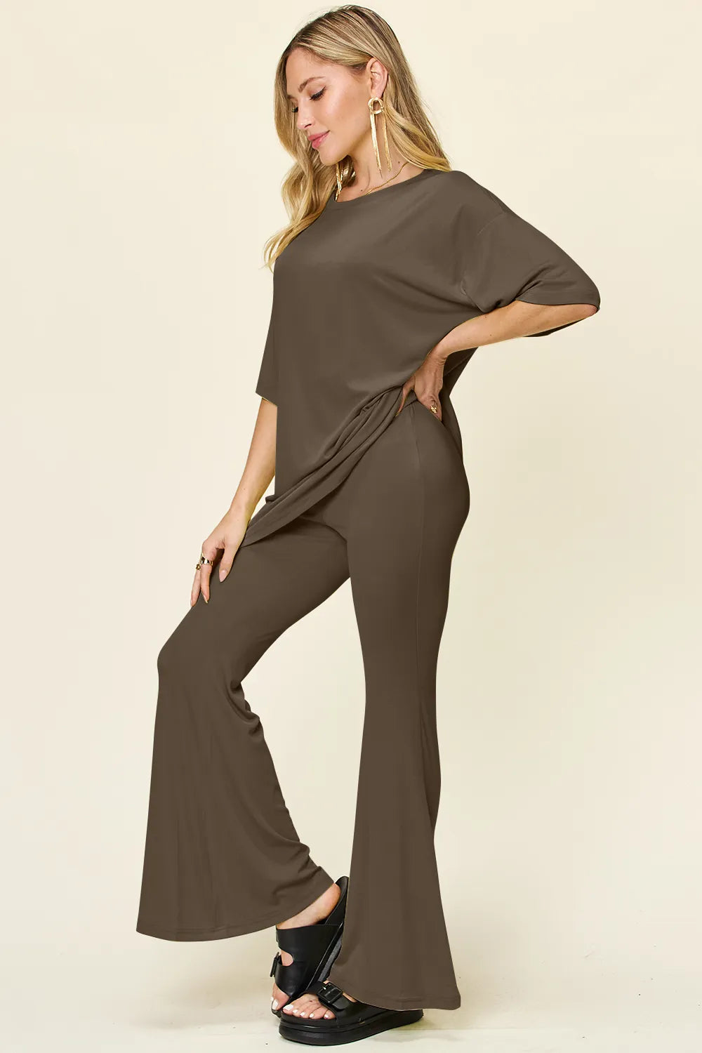 Full Size Round Neck Drop Shoulder T-shirt Flare Pants Set (11)