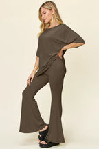 Full Size Round Neck Drop Shoulder T-shirt Flare Pants Set (11)