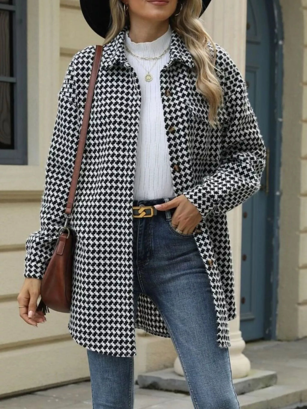 Houndstooth Button Up Long Sleeve Coat (5)
