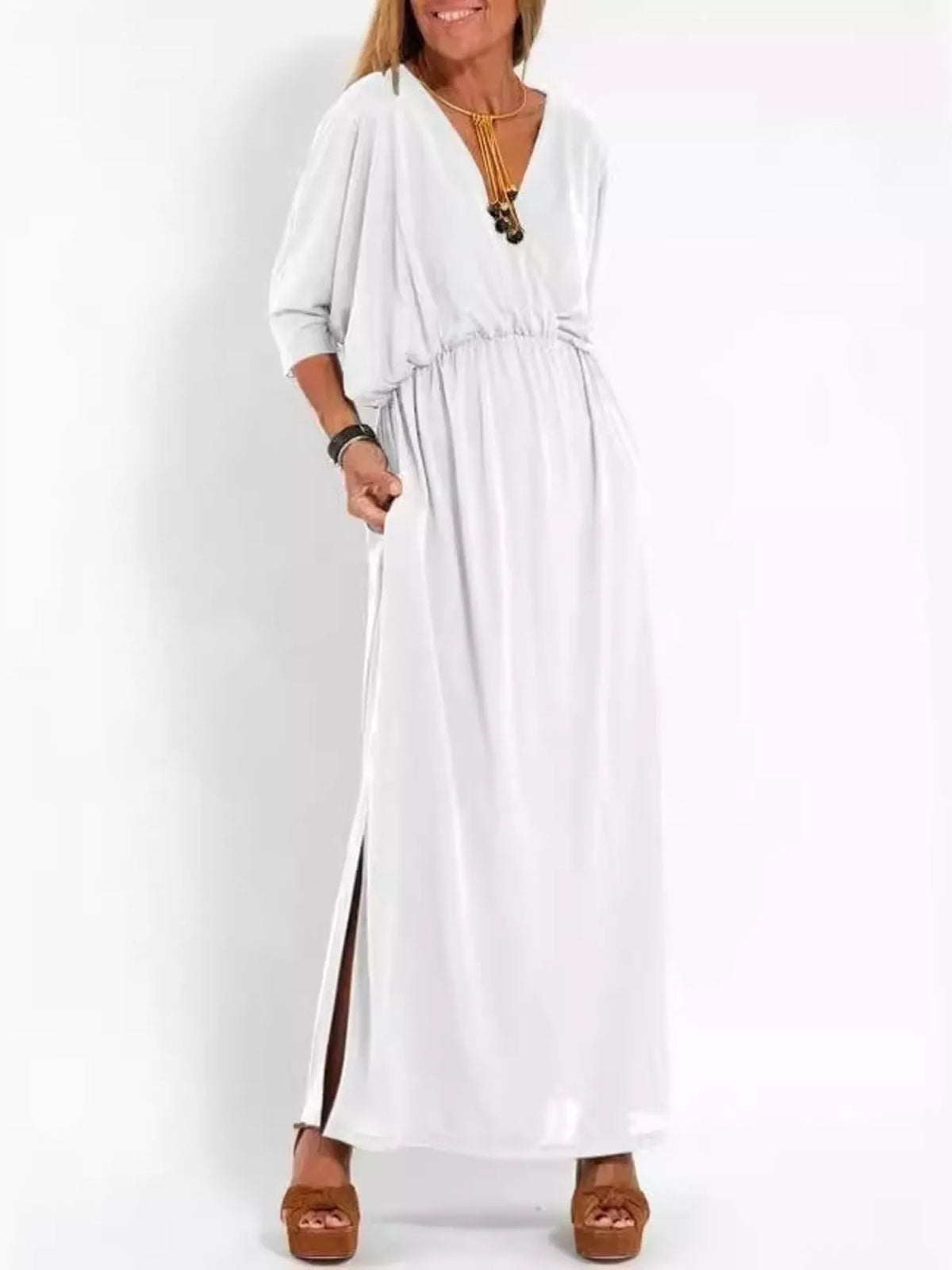 Full Size V-neck Batwing Sleeve Maxi Dress Side Slits Plus (15)