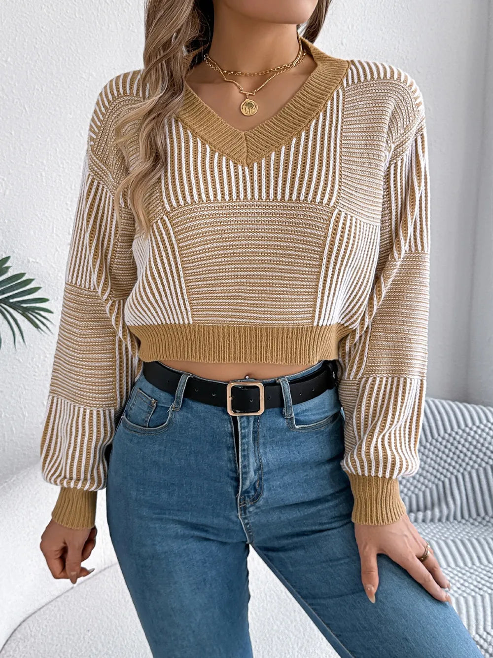 Striped V-neck Long Sleeve Sweater (10)