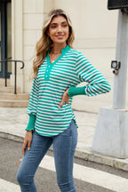 Contrast Striped Notched Long Sleeve Top (10)
