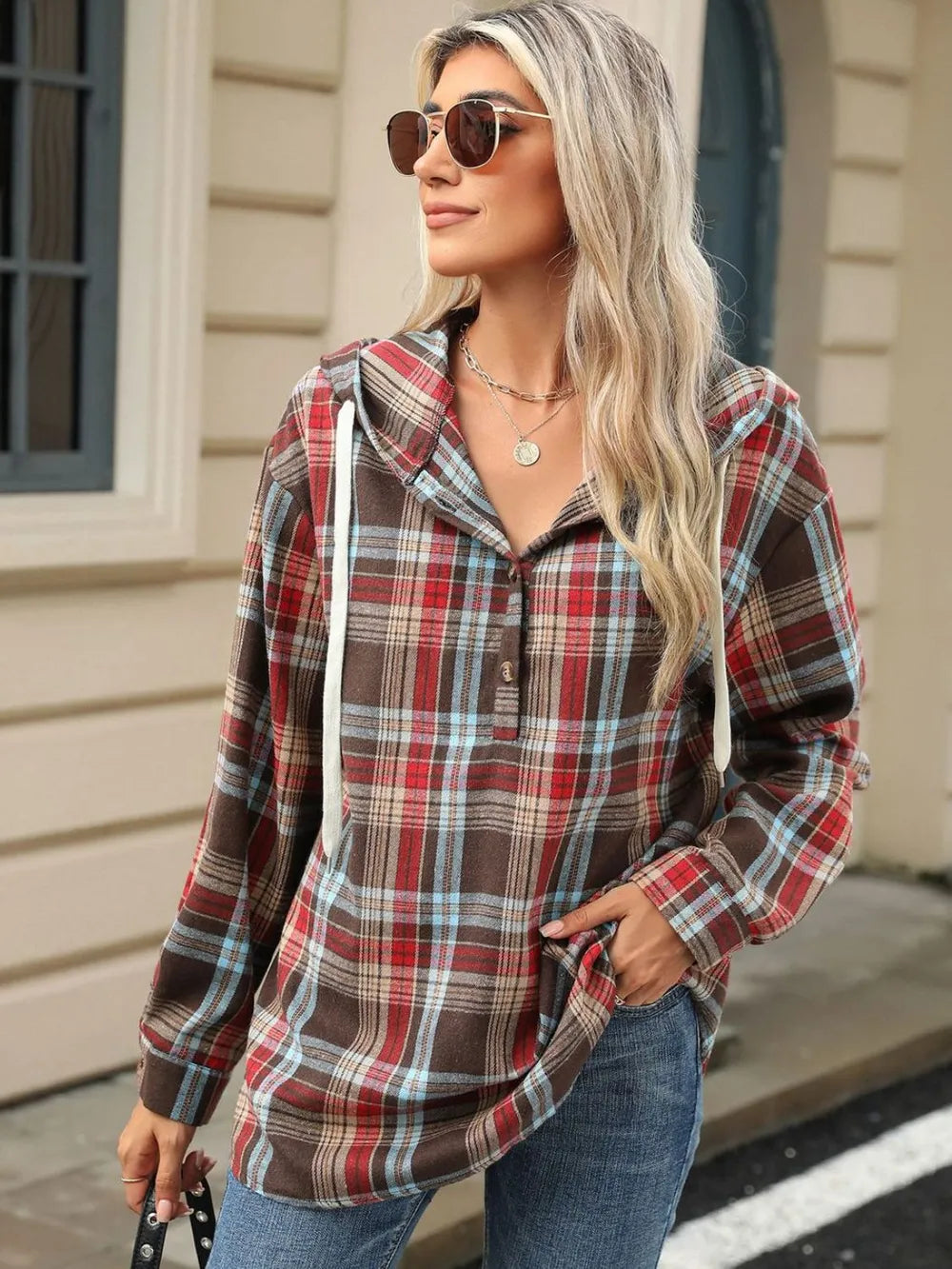 Drawstring Plaid Hooded Long Sleeve Top (16)