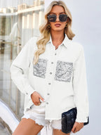 Raw Hem Button Up Long Sleeve Denim Jacket Sequin Pockets (14)