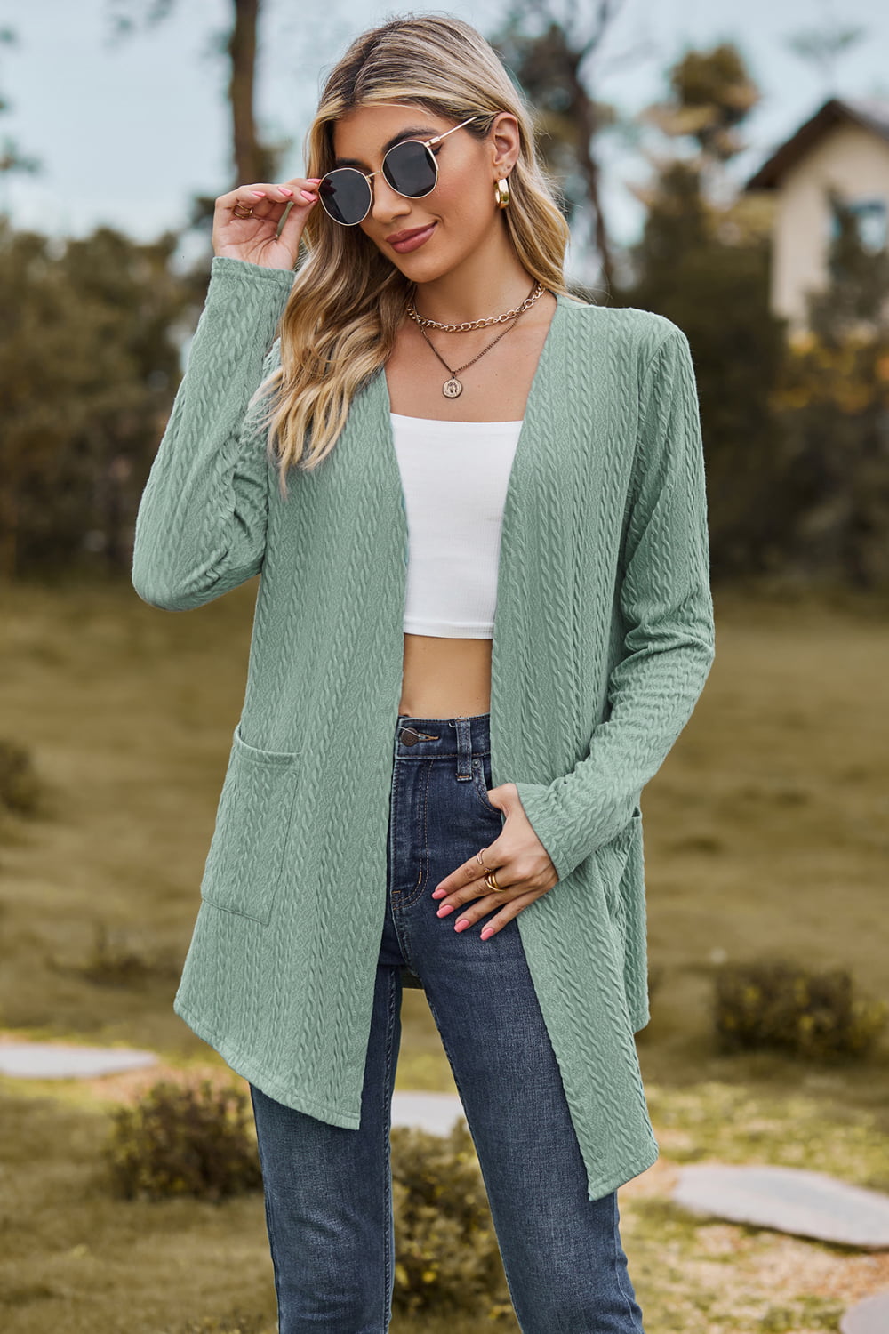 Cable-knit Long Sleeve Cardigan Pocket (4)
